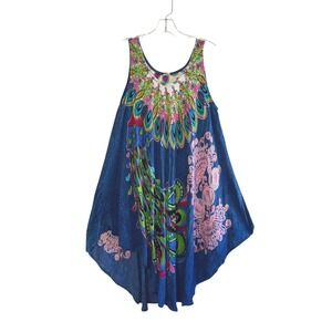 Seven Islands Womens Blue Peacock Feather Print Sleeveless Midi Dress One Size